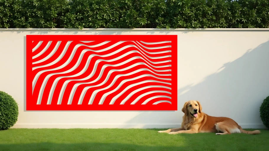 Vivid and energetic Fluid Harmony wall art panel in Signal Red, perfect for making a bold statement with its flowing and artistic wave designs.