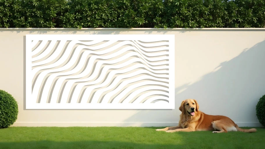 Elegant Fluid Harmony metal wall art panel in Bright White Gloss, featuring flowing wave designs that bring sophistication and serenity to any space.