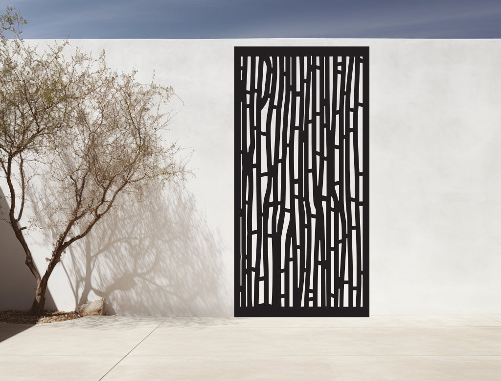 Elegant bamboo-themed metal privacy screen, finished in Night Sky Matt Black, perfect for enhancing outdoor areas with privacy and sophistication