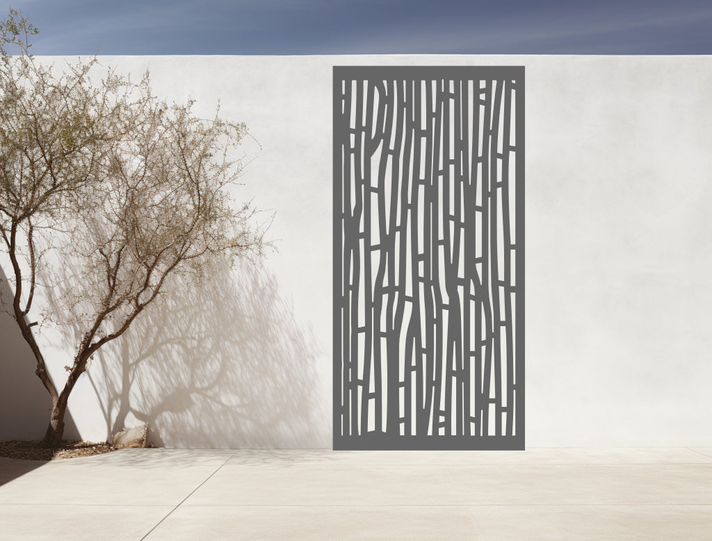 Sleek bamboo-themed privacy screen finished in Berry Grey Gloss, balancing style and functionality for outdoor retreats