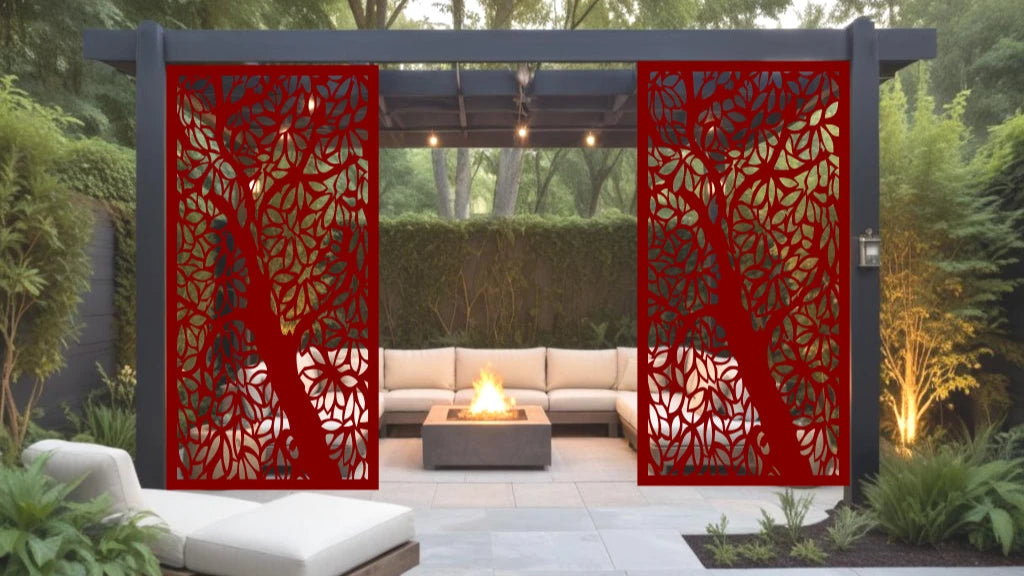 Forest Intertwine privacy screen in Manor Red, adding a bold pop of color and elegance to garden spaces