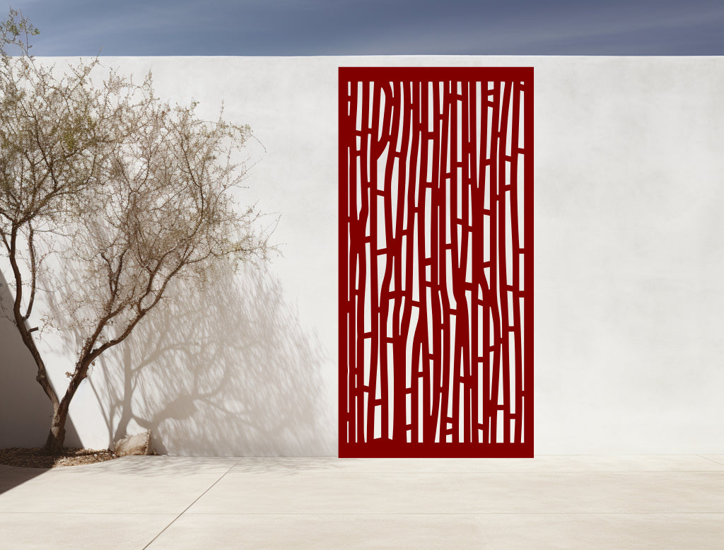 Striking bamboo-inspired privacy screen, coated in Manor Red, delivering bold style and seclusion to outdoor environments