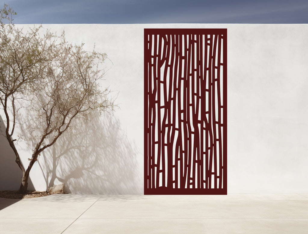 Industrial bamboo-design privacy panel in Rust Patina, adding rustic elegance to patios or contemporary outdoor spaces