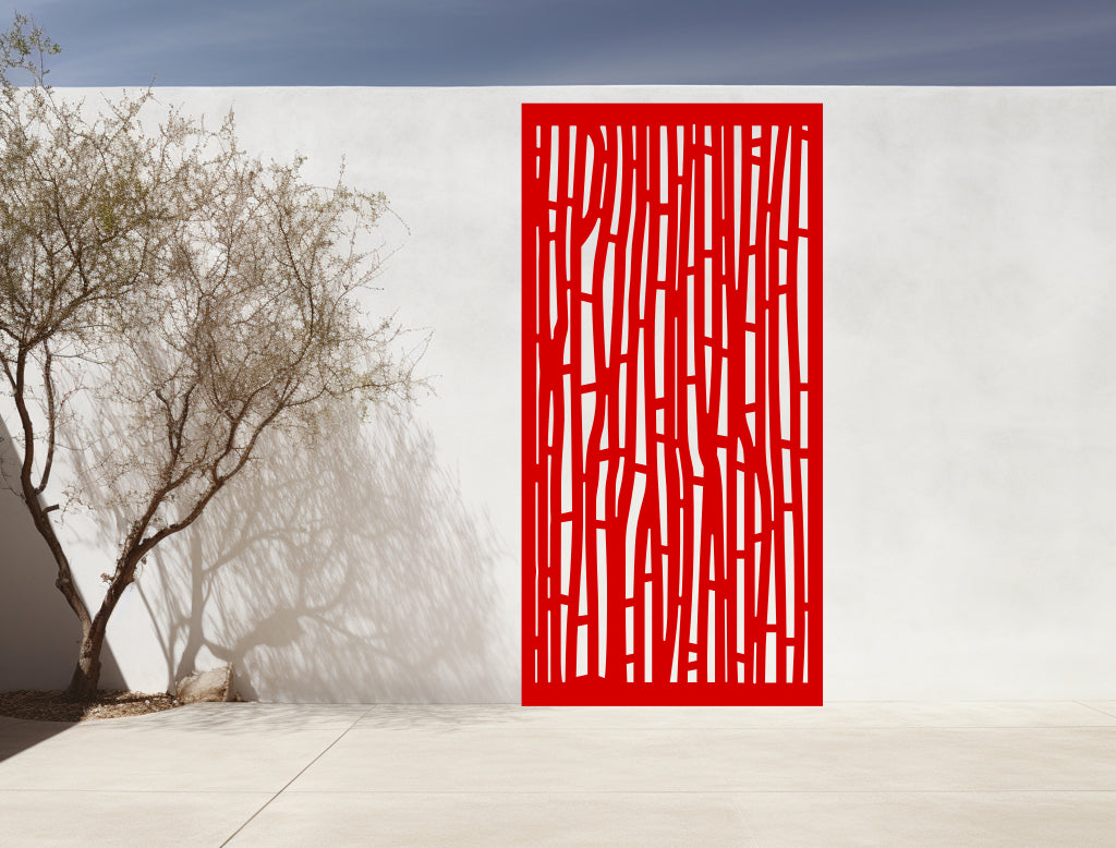 Bold bamboo-inspired privacy screen with Signal Red powder coat, enhancing outdoor living spaces with vibrant design