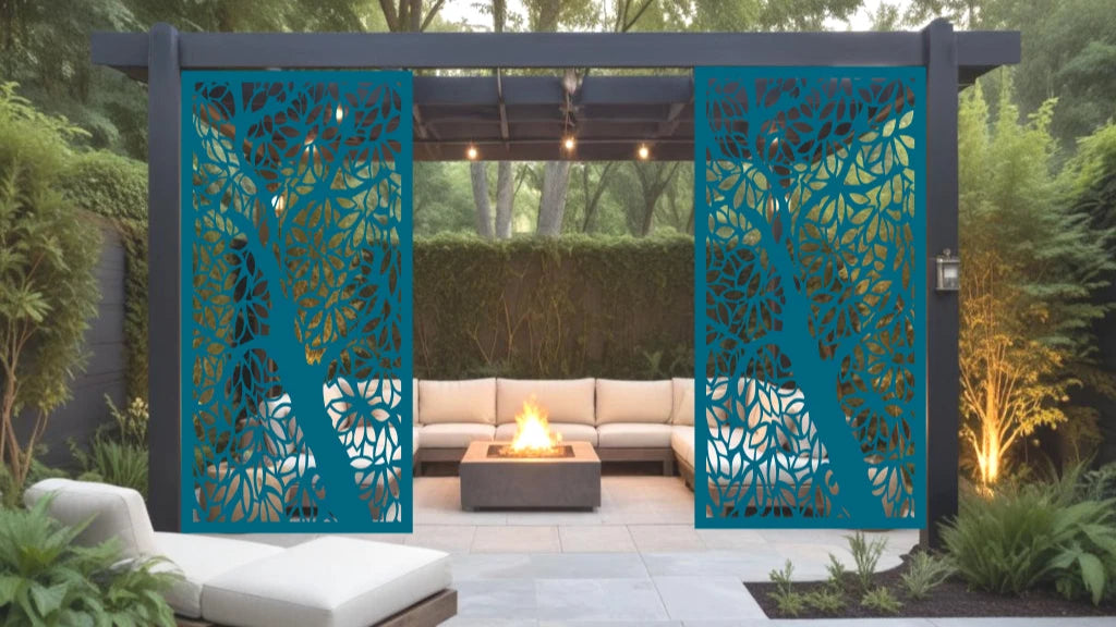 Forest Intertwine privacy screen in Wedgwood Satin, showcasing delicate branch and leaf silhouettes in a soft satin finish, enhancing garden decor