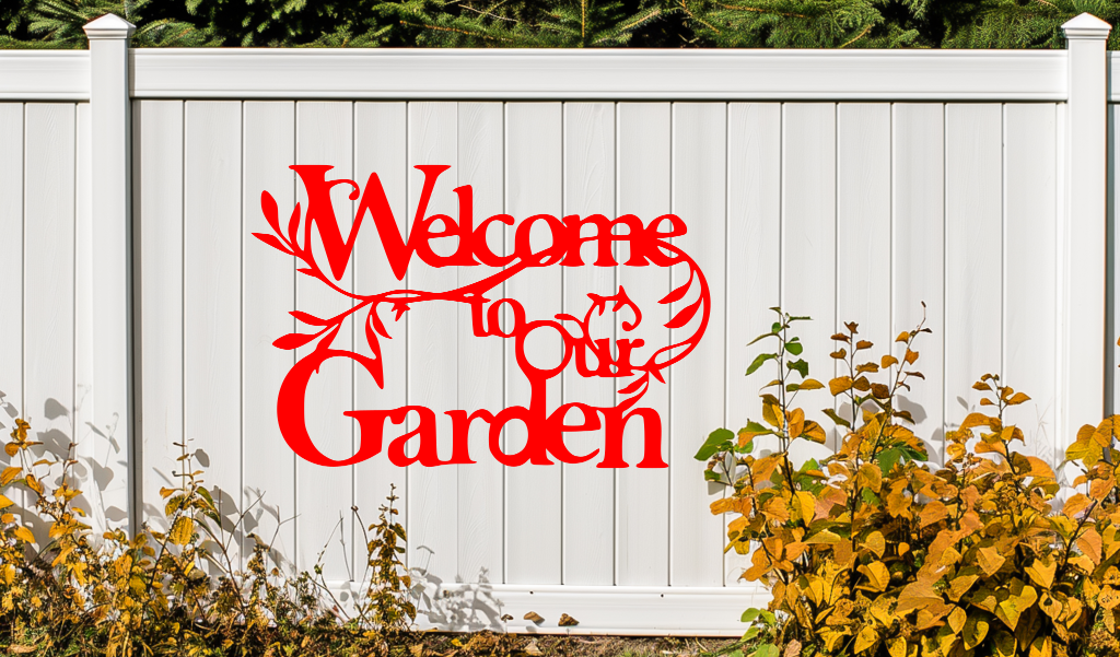 Metal wall art sign featuring the phrase 'Welcome to our Garden' with decorative branches and leaves integrated into the design, finished in Signal Red powder coating. The sign is mounted on a white fence, adding a welcoming touch to an outdoor garden space.