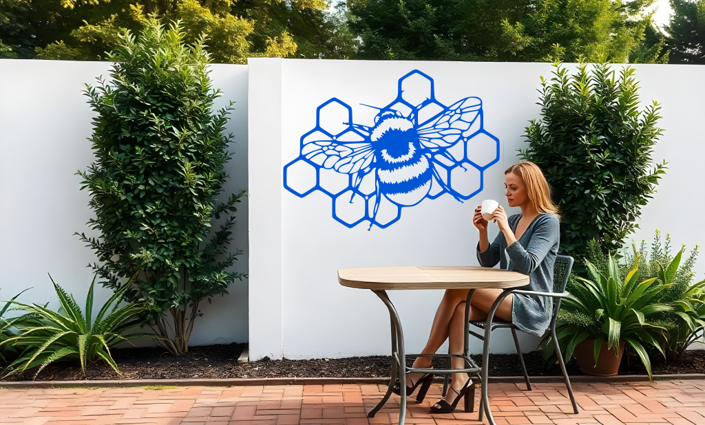 "Metal wall art featuring a detailed bee resting on a honeycomb design, finished in Blaze Blue Gloss powder coating, mounted on a white outdoor wall. The art adds a charming and nature-inspired focal point to a garden or patio area, where a woman enjoys a cup of coffee while seated at a table.