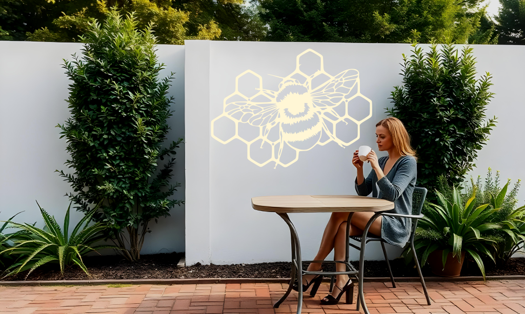 Metal wall art featuring a detailed bee resting on a honeycomb design, finished in Canola Cream powder coating, mounted on a white outdoor wall. The art adds a charming and nature-inspired focal point to a garden or patio area, where a woman enjoys a cup of coffee while seated at a table.