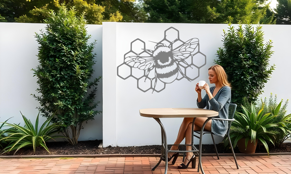 Metal wall art featuring a detailed bee resting on a honeycomb design, finished in Berry Grey Gloss powder coating, mounted on a white outdoor wall. The art adds a charming and nature-inspired focal point to a garden or patio area, where a woman enjoys a cup of coffee while seated at a table.