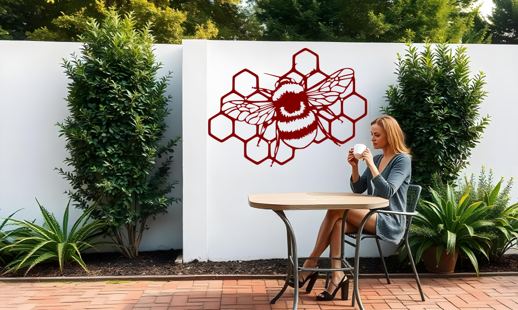 Metal wall art featuring a detailed bee resting on a honeycomb design, finished in Manor Red powder coating, mounted on a white outdoor wall. The art adds a charming and nature-inspired focal point to a garden or patio area, where a woman enjoys a cup of coffee while seated at a table.