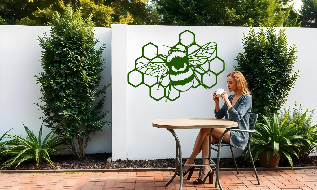 Metal wall art featuring a detailed bee resting on a honeycomb design, finished in Mistletoe powder coating, mounted on a white outdoor wall. The art adds a charming and nature-inspired focal point to a garden or patio area, where a woman enjoys a cup of coffee while seated at a table.