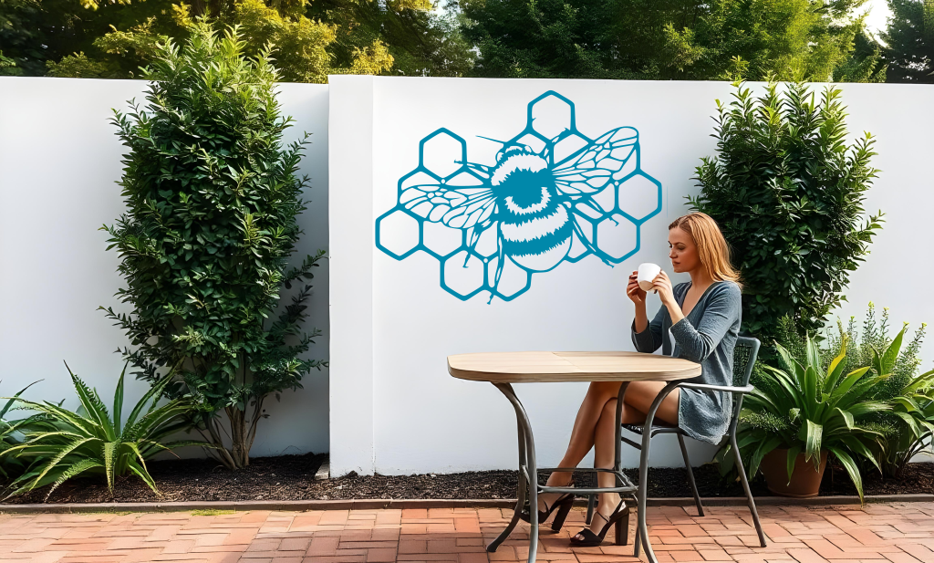 Metal wall art featuring a detailed bee resting on a honeycomb design, finished in Wedgwood Satin powder coating, mounted on a white outdoor wall. The art adds a charming and nature-inspired focal point to a garden or patio area, where a woman enjoys a cup of coffee while seated at a table.