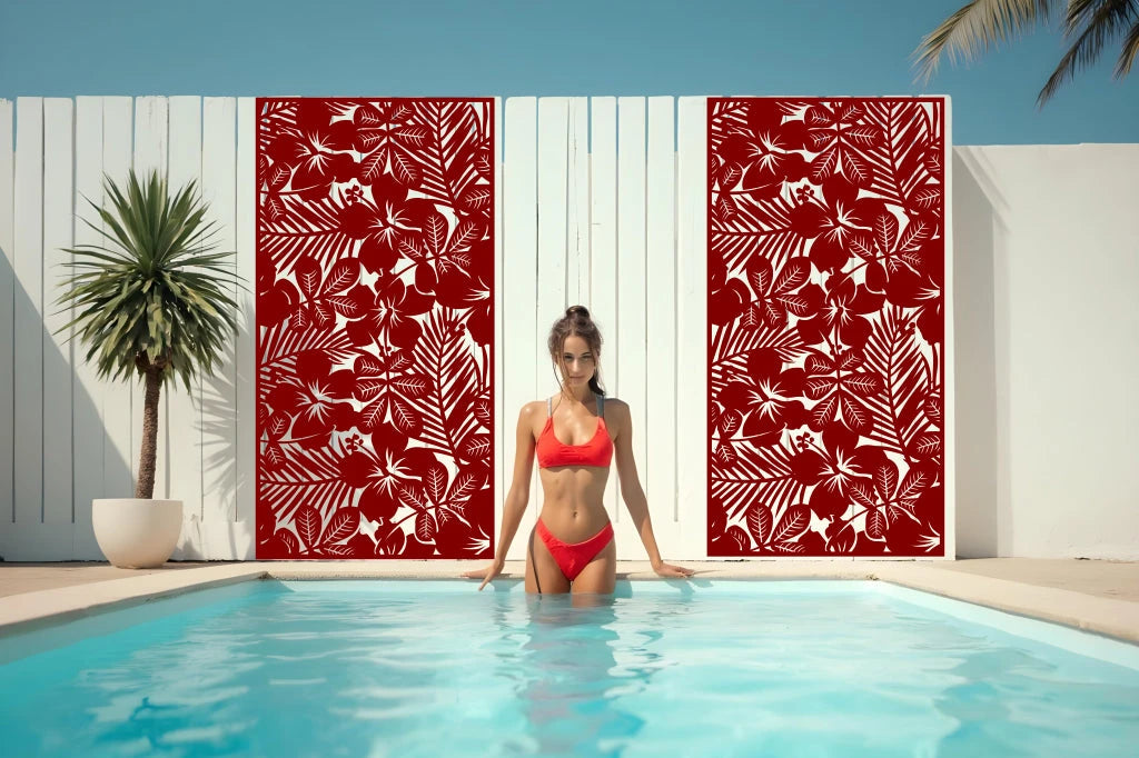 Eye-catching Manor Red Hibiscus Haven privacy screen, adding bold accents to tropical-themed spaces.