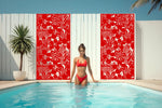 Vibrant Signal Red Hibiscus Haven panel, creating a lively focal point by the pool.