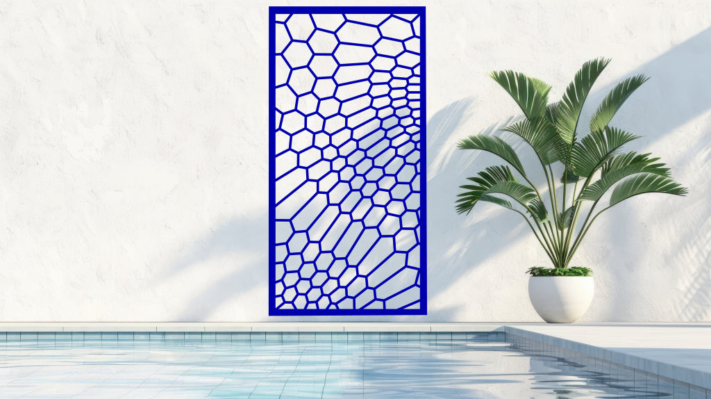 Vibrant honeycomb metal privacy panel coated in Blaze Blue Gloss, ideal for brightening up contemporary outdoor spaces