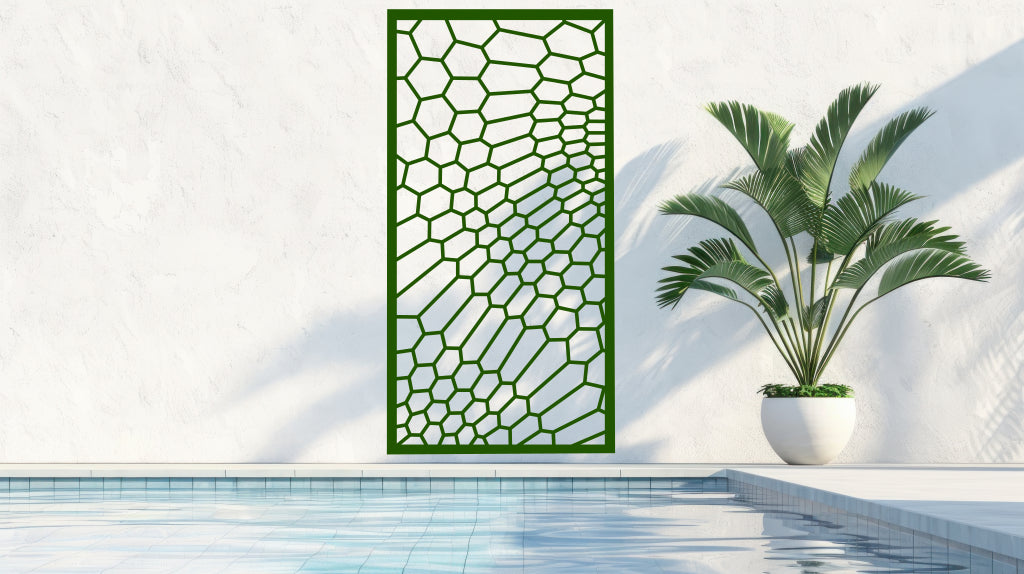 Honeycomb-design privacy panel coated in Mistletoe, infusing green-inspired aesthetics into modern outdoor areas