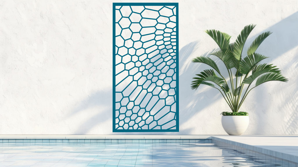 Honeycomb-inspired privacy screen with a soft Wedgwood Satin finish, perfect for blending modern design with outdoor serenity.