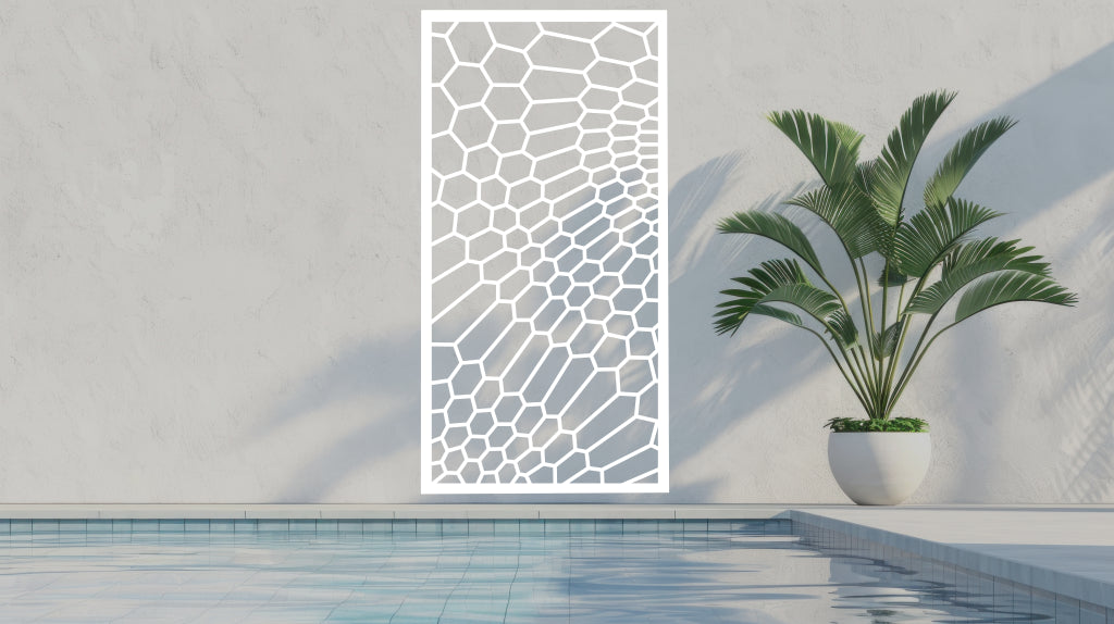 Clean and modern honeycomb privacy screen in Bright White Gloss, offering a sleek look for minimalist outdoor settings.