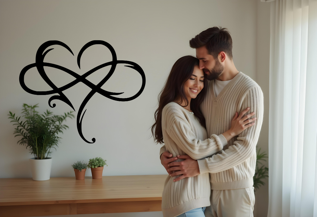 Elegant metal wall art featuring an abstract heart intertwined with infinity symbols, finished in Night Sky Matt Black powder coating, adding a romantic and modern touch to a cozy interior space where a couple embraces, symbolizing eternal love.