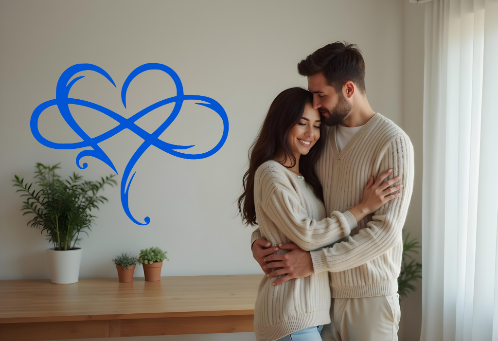 Elegant metal wall art featuring an abstract heart intertwined with infinity symbols, finished in Blaze Blue Gloss powder coating, adding a romantic and modern touch to a cozy interior space where a couple embraces, symbolizing eternal love.