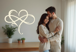 Elegant metal wall art featuring an abstract heart intertwined with infinity symbols, finished in Canola Cream powder coating, adding a romantic and modern touch to a cozy interior space where a couple embraces, symbolizing eternal love.