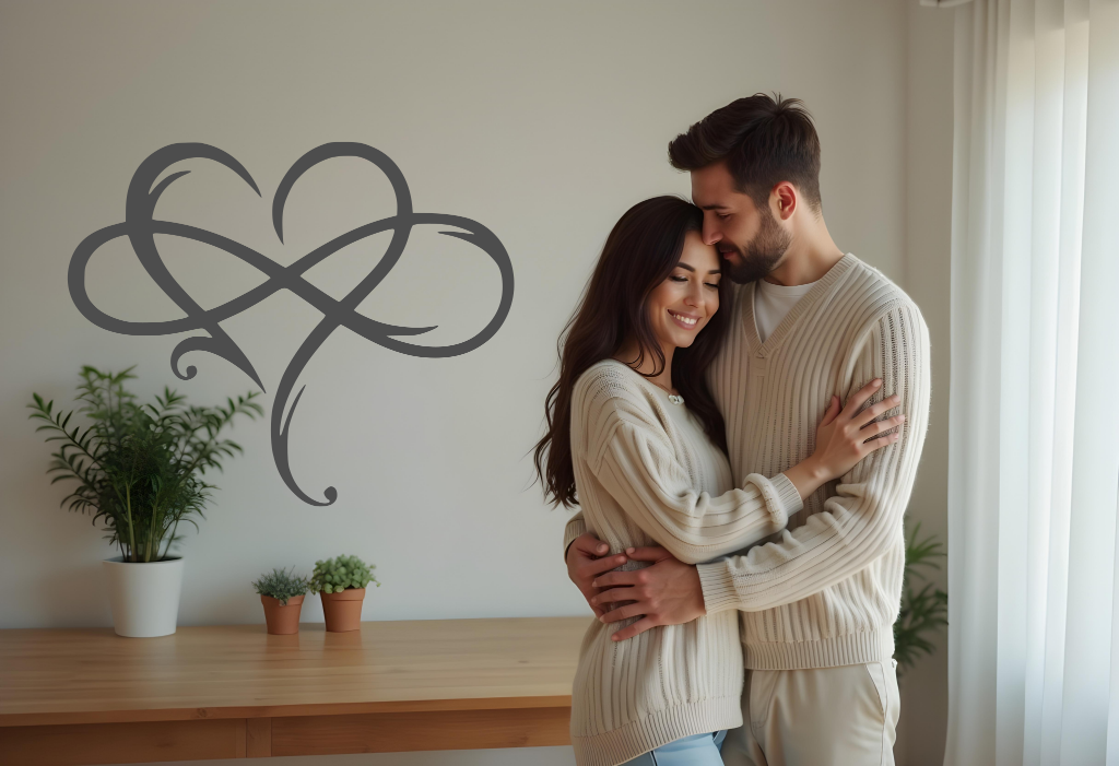 Elegant metal wall art featuring an abstract heart intertwined with infinity symbols, finished in Berry Grey Gloss powder coating, adding a romantic and modern touch to a cozy interior space where a couple embraces, symbolizing eternal love.