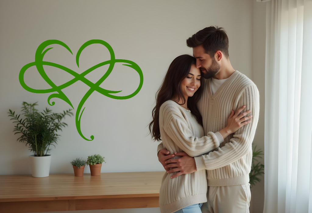 Elegant metal wall art featuring an abstract heart intertwined with infinity symbols, finished in Mistletoe powder coating, adding a romantic and modern touch to a cozy interior space where a couple embraces, symbolizing eternal love.