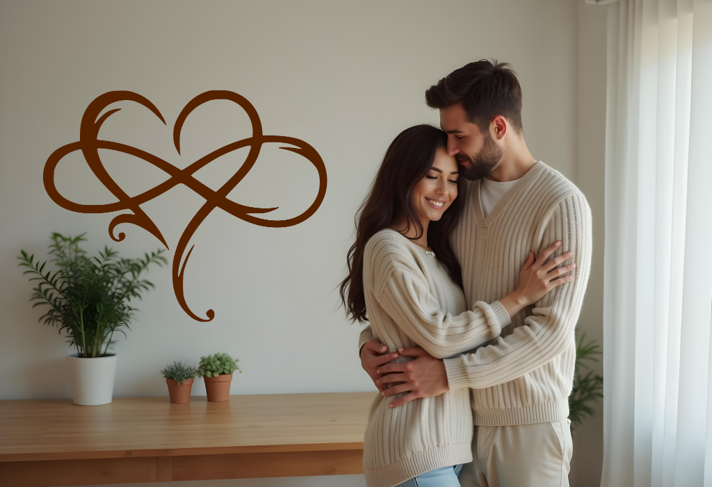 Elegant metal wall art featuring an abstract heart intertwined with infinity symbols, finished in Rust Patina powder coating, adding a romantic and modern touch to a cozy interior space where a couple embraces, symbolizing eternal love.