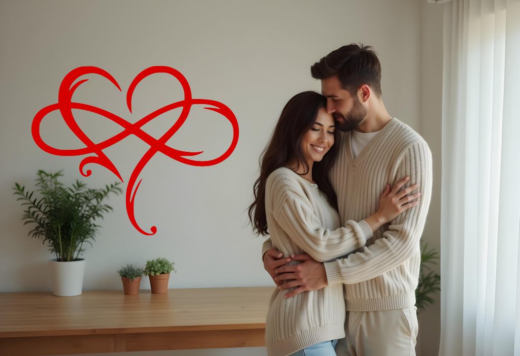 Elegant metal wall art featuring an abstract heart intertwined with infinity symbols, finished in Signal Red powder coating, adding a romantic and modern touch to a cozy interior space where a couple embraces, symbolizing eternal love.