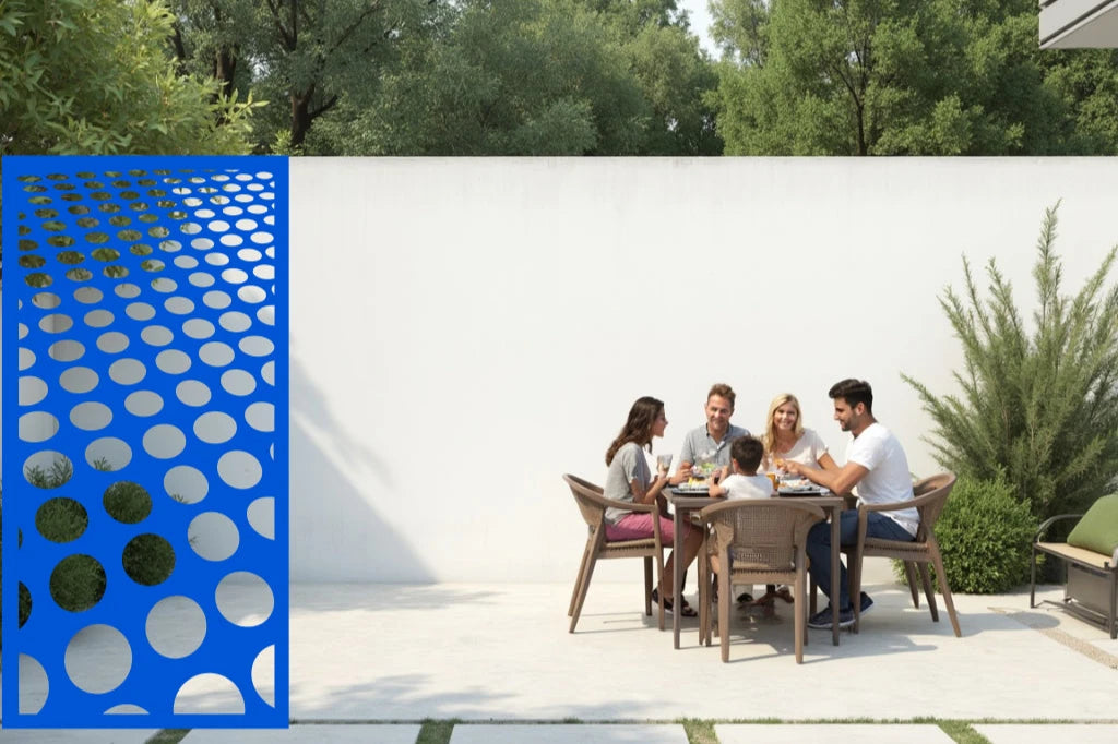 Eye-catching privacy screen with circular patterns, powder coated in Blaze Blue Gloss, enhancing outdoor spaces with vibrant color and modern design