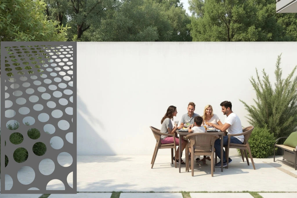 Metal privacy screen with a gradient circle design, coated in Berry Grey Gloss, balancing sophistication and privacy in modern outdoor spaces.