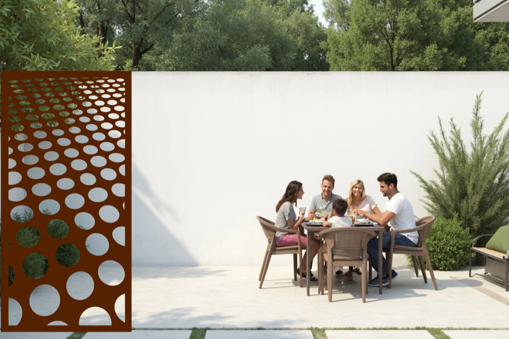 Industrial-inspired privacy screen with gradient circles, finished in Rust Patina, lending a rustic charm to patios and gardens