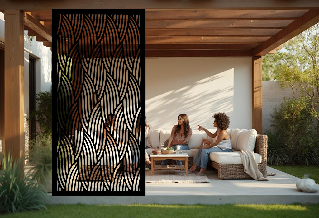 Interwoven Calm metal privacy screen finished in Night Sky Matt Black, perfect for creating stylish privacy in modern outdoor spaces or patios