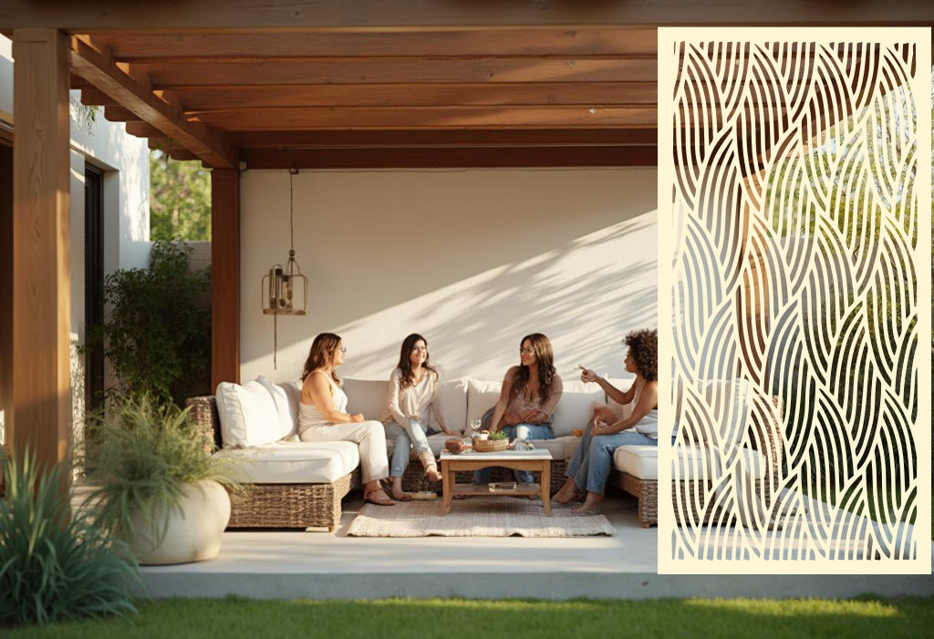 Interwoven Calm screen with a Canola Cream finish, delivering soft, warm tones to patios, decks, and garden seating spaces