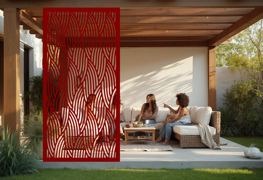 Interwoven Calm privacy screen finished in Manor Red, making a bold decorative statement in outdoor living spaces or garden areas.