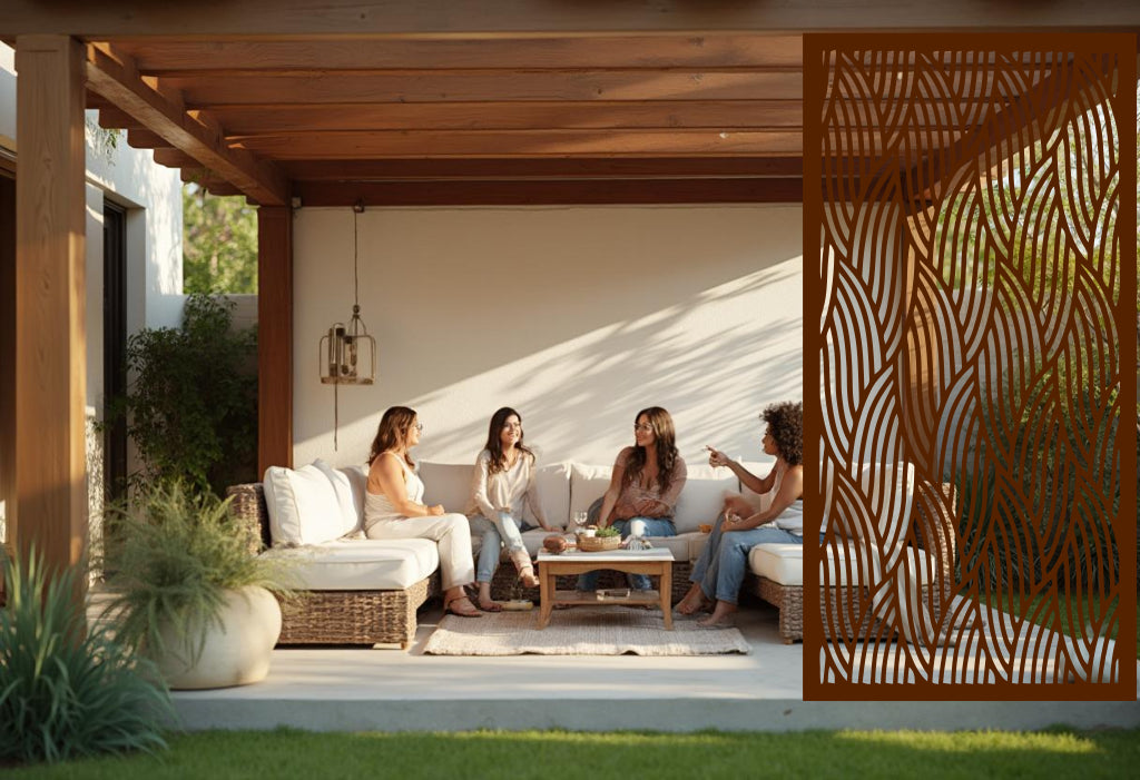 Interwoven Calm privacy screen with a Rust Patina finish, creating a rustic, earthy look that complements pergolas and natural outdoor settings