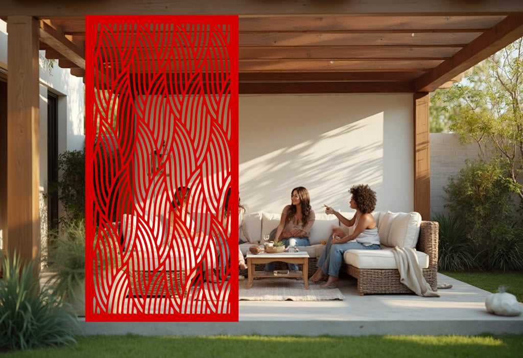 Interwoven Calm metal privacy screen in Signal Red, adding energetic color to patios, balconies, and garden seating areas.