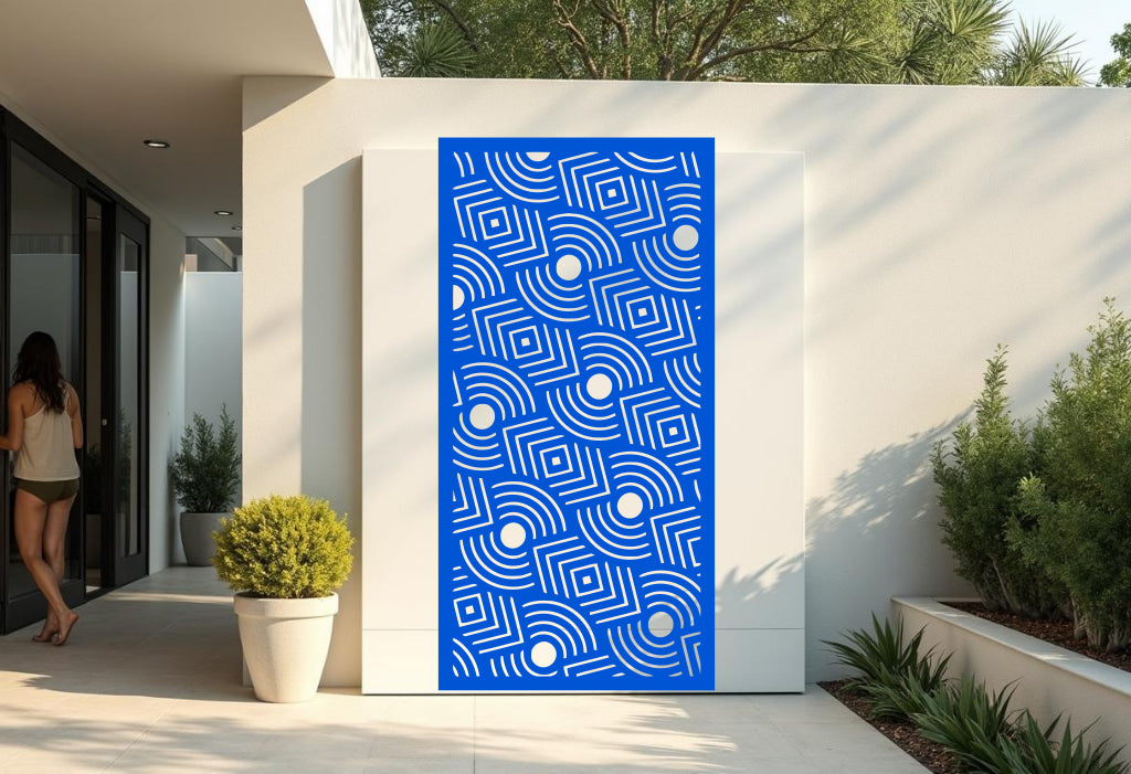 Layered Symmetry privacy screen in Blaze Blue Gloss, offering a vibrant and modern touch with its bold blue finish, making the geometric design stand out with flair.