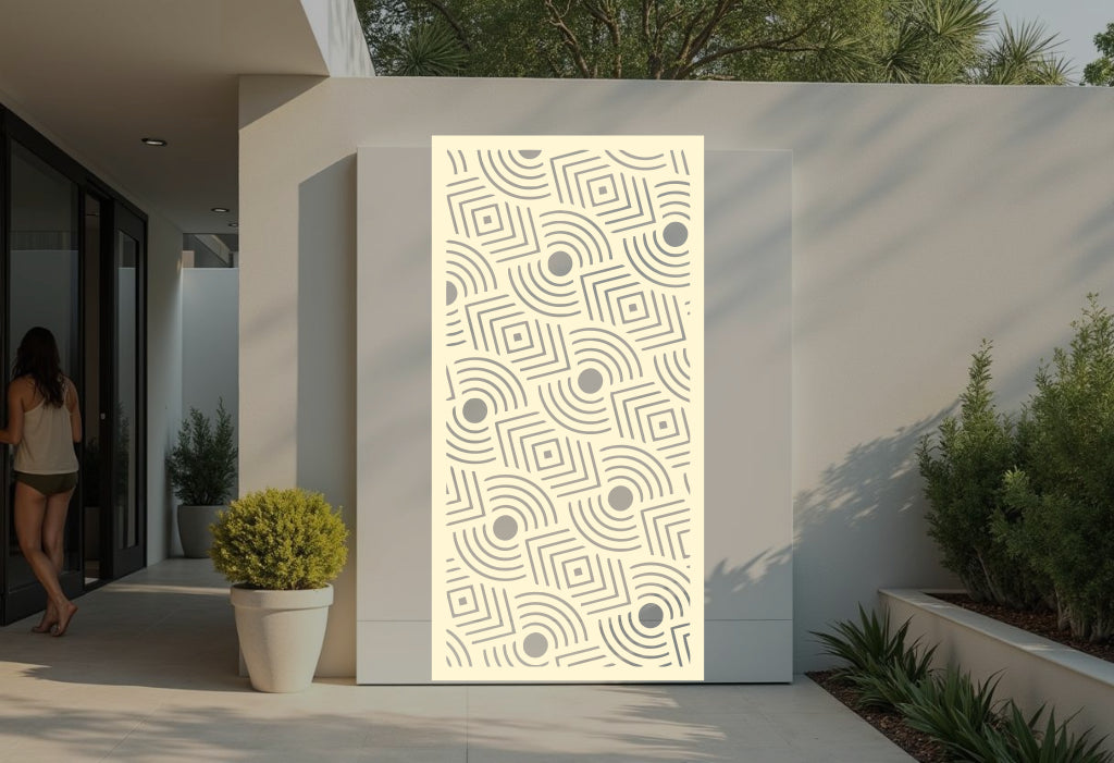 Layered Symmetry privacy screen in Canola Cream, a warm, inviting color that pairs beautifully with the structured geometric pattern, offering a stylish yet soothing look