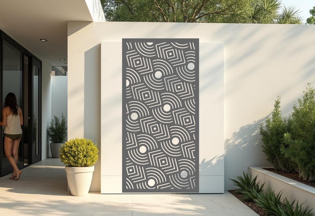 Layered Symmetry privacy screen in Berry Grey Gloss, adding a sleek and stylish touch with its contemporary geometric pattern, ideal for refined garden spaces