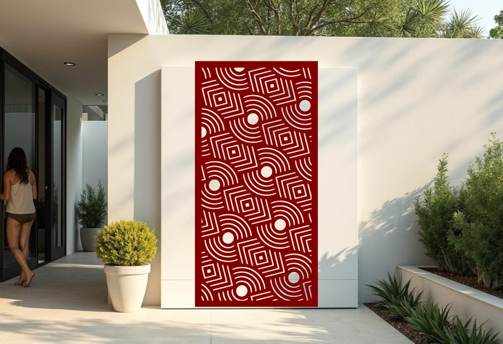 Layered Symmetry privacy screen in Manor Red, providing a striking color that amplifies the modern geometric design, perfect for making a bold statement in exterior spaces.