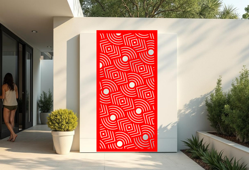 Layered Symmetry privacy screen in Signal Red, featuring a vibrant, eye-catching color that highlights the screen’s geometric precision and adds energy to your outdoor decor