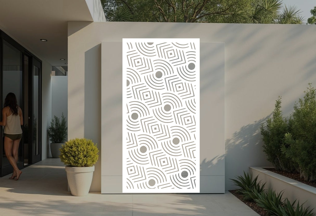 Layered Symmetry privacy screen in Bright White Gloss, featuring intricate geometric designs that enhance the brightness and elegance of any outdoor setting.