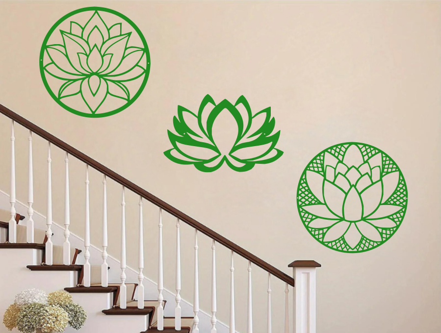 A three-piece metal wall art set featuring lotus flower designs, each uniquely crafted with geometric patterns and finished in Mistletoe powder coating. The set is mounted on a staircase wall, adding an elegant and serene touch to a classic interior space.