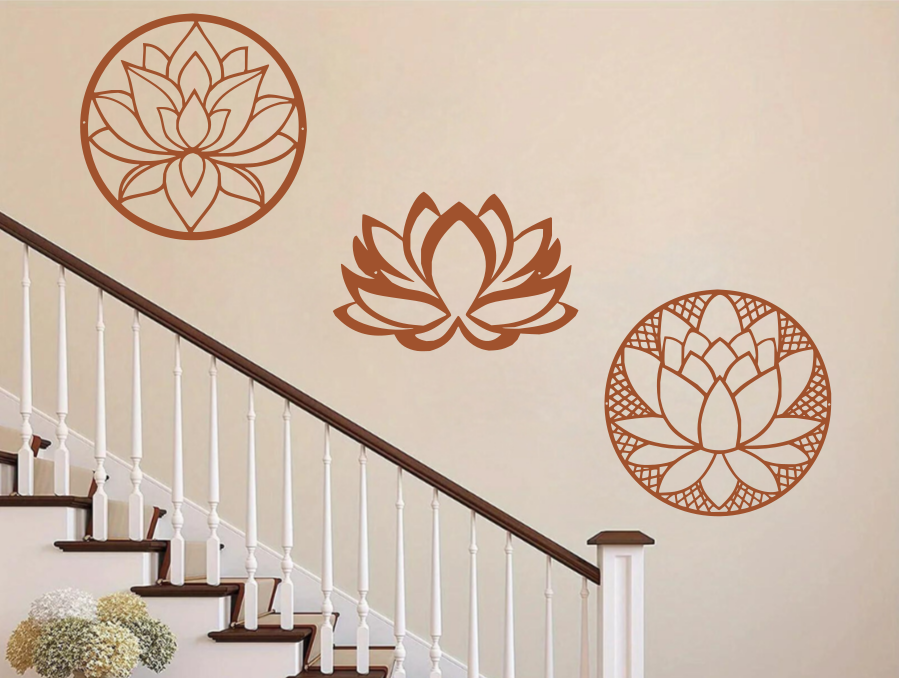 A three-piece metal wall art set featuring lotus flower designs, each uniquely crafted with geometric patterns and finished in Rust Patina powder coating. The set is mounted on a staircase wall, adding an elegant and serene touch to a classic interior space.