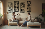 A four-piece metal wall art set from the 'Lush Escape Collection,' featuring intricate nature-inspired designs of leaves and flowers, finished in Night Sky Matt Black powder coating. The artwork is mounted on a living room wall above a neutral-toned sofa, adding a calming and organic touch to the space.