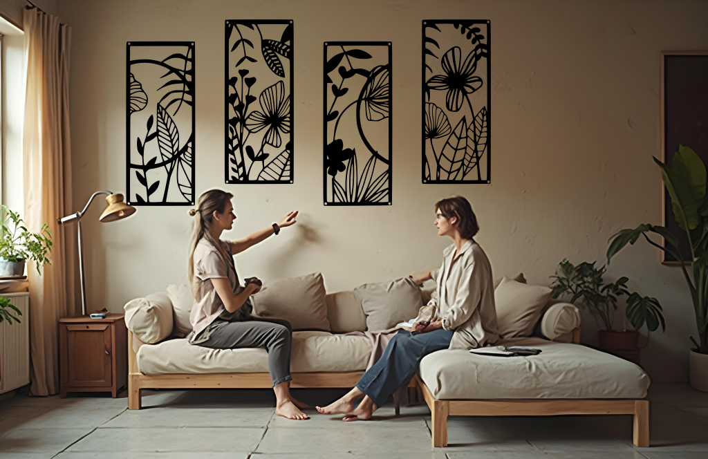 A four-piece metal wall art set from the 'Lush Escape Collection,' featuring intricate nature-inspired designs of leaves and flowers, finished in Night Sky Matt Black powder coating. The artwork is mounted on a living room wall above a neutral-toned sofa, adding a calming and organic touch to the space.