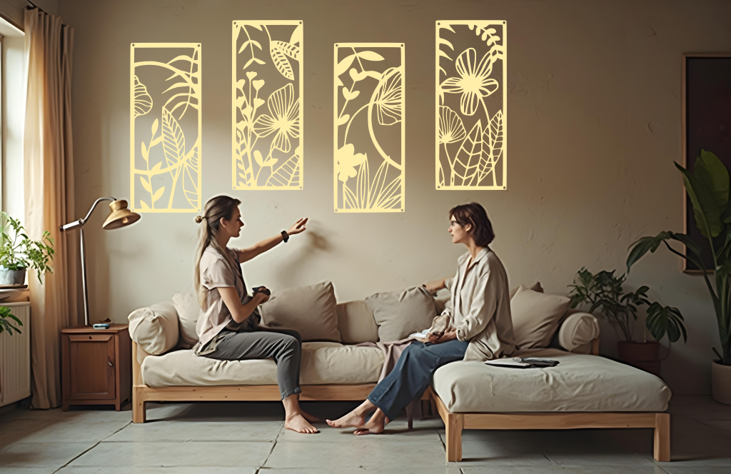 A four-piece metal wall art set from the 'Lush Escape Collection,' featuring intricate nature-inspired designs of leaves and flowers, finished in Canola Cream powder coating. The artwork is mounted on a living room wall above a neutral-toned sofa, adding a calming and organic touch to the space.