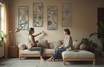 A four-piece metal wall art set from the 'Lush Escape Collection,' featuring intricate nature-inspired designs of leaves and flowers, finished in Berry Grey Gloss powder coating. The artwork is mounted on a living room wall above a neutral-toned sofa, adding a calming and organic touch to the space.