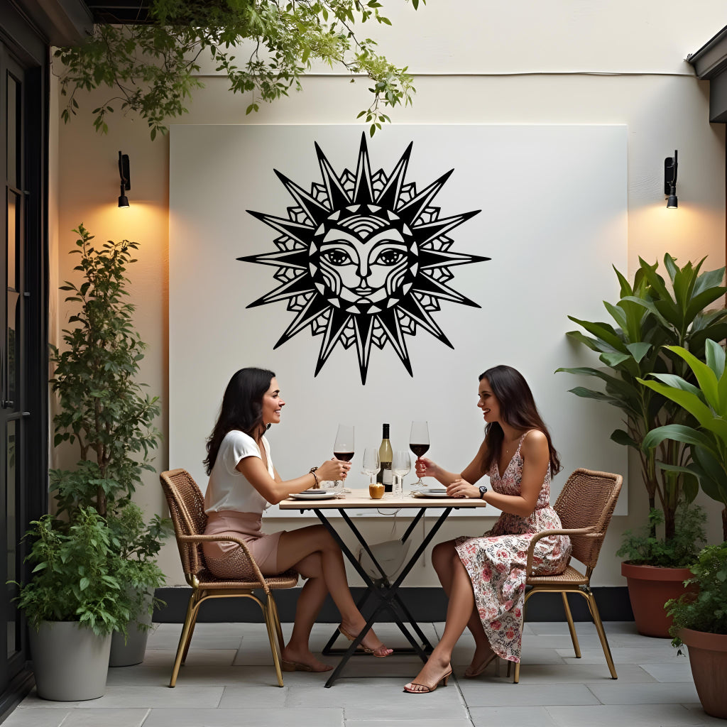 Celestial Majesty metal wall art in Night Sky Matt Black, featuring a regal sunburst design with intricate facial details, adding a dramatic and elegant focal point to any space.